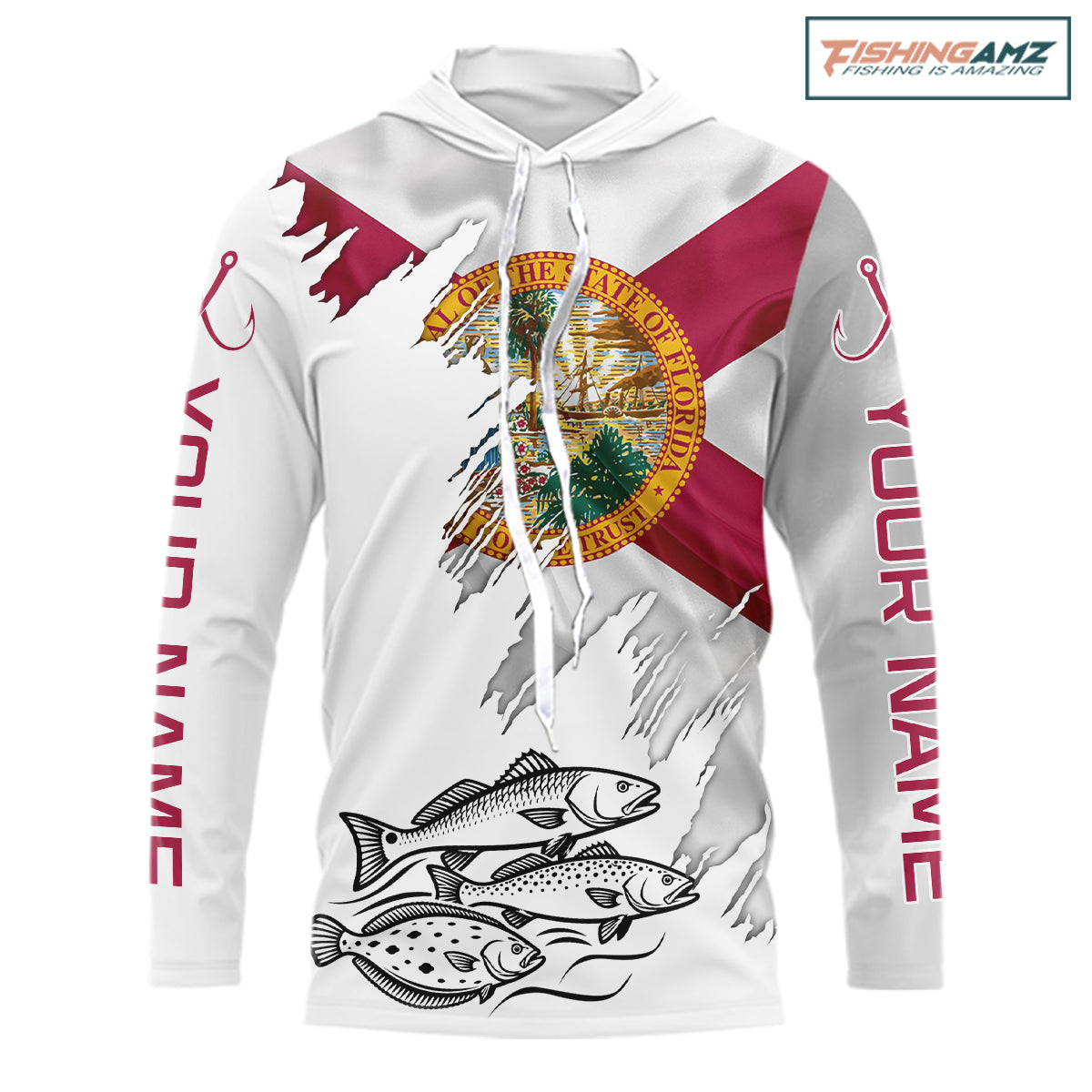 Personalized Inshore Slam Snook, Redfish,Trout Florida Flag Fishing Shirts Long Sleeve Hooded For Men NHT848