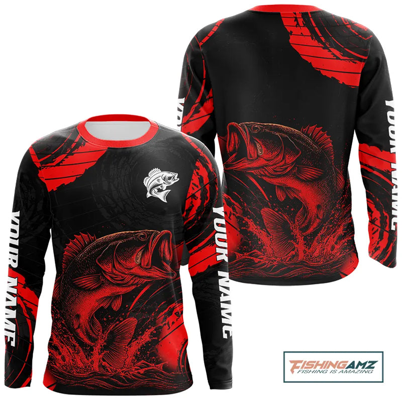 Personalized Bass Fishing Jerseys, Bass Fishing Long Sleeve Shirt| Red NHT382