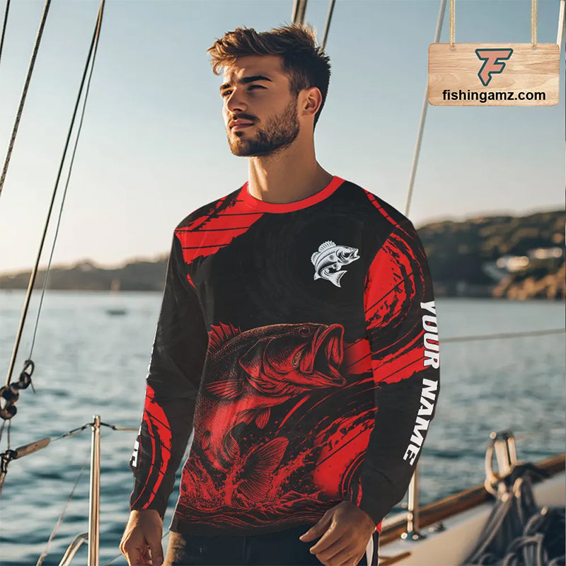 Personalized Bass Fishing Jerseys, Bass Fishing Long Sleeve Shirt| Red NHT382