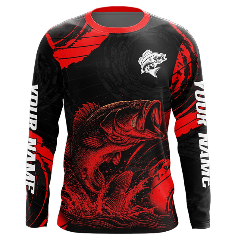 Personalized Bass Fishing Jerseys, Bass Fishing Long Sleeve Shirt| Red NHT382