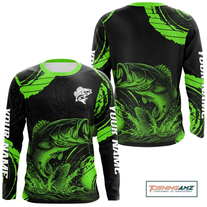 Personalized Bass Fishing Jerseys, Bass Fishing Scale Long Sleeve Shirt| Green NHT386