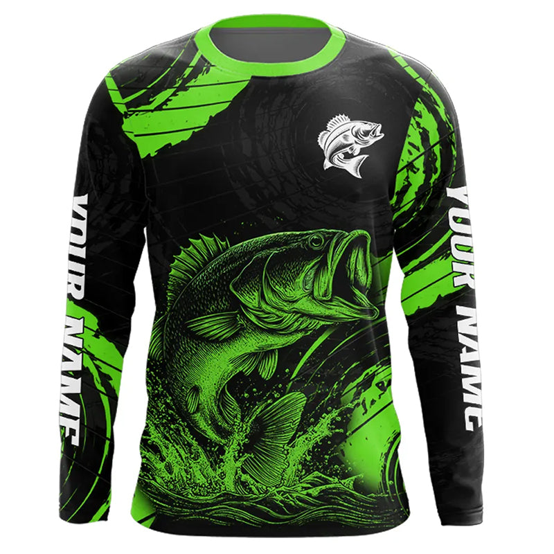 Personalized Bass Fishing Jerseys, Bass Fishing Scale Long Sleeve Shirt| Green NHT386