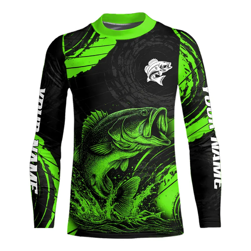 Personalized Bass Fishing Jerseys, Bass Fishing Scale Long Sleeve Shirt| Green NHT386