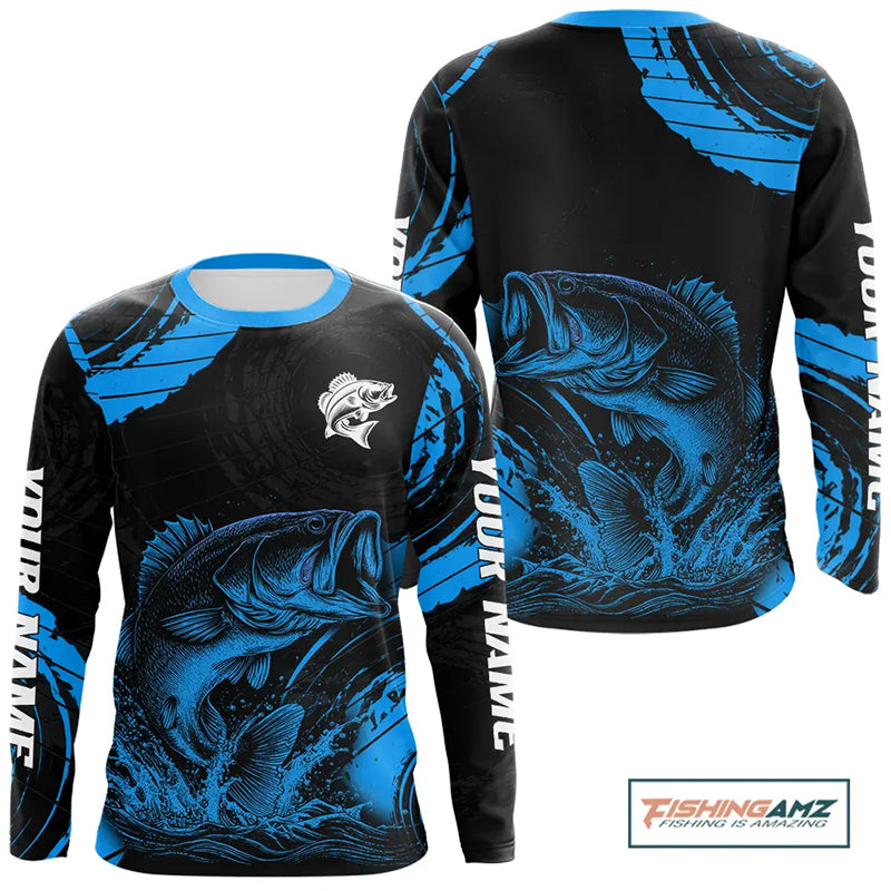Personalized Bass Fishing Jerseys, Bass Fishing Scale Long Sleeve Shirt| Blue NHT387