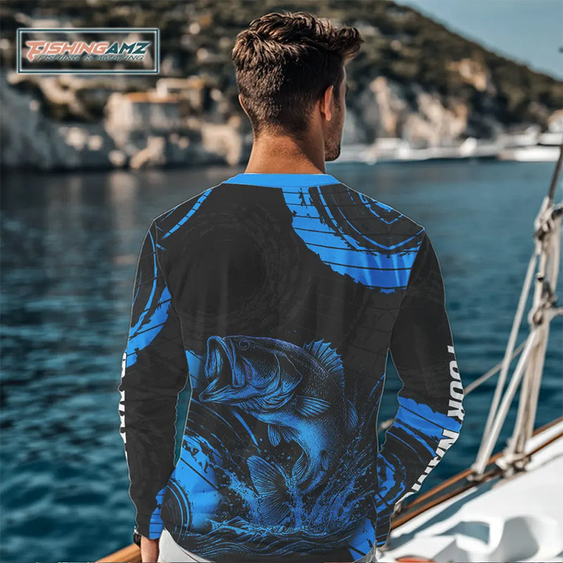 Personalized Bass Fishing Jerseys, Bass Fishing Scale Long Sleeve Shirt| Blue NHT387