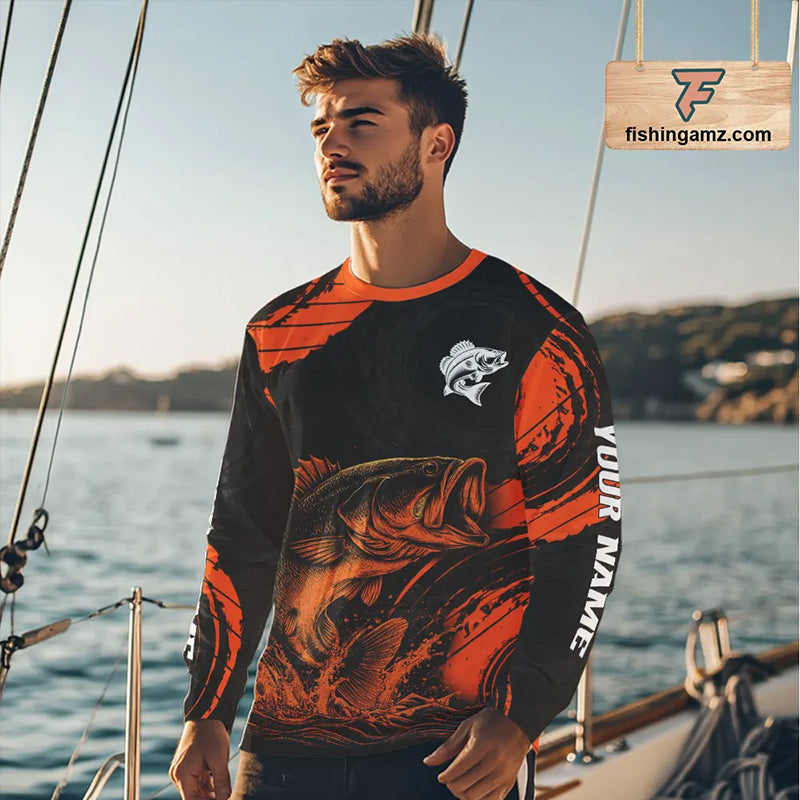Personalized Bass Fishing Jerseys, Bass Fishing Scale Long Sleeve Shirt| Orange NHT388