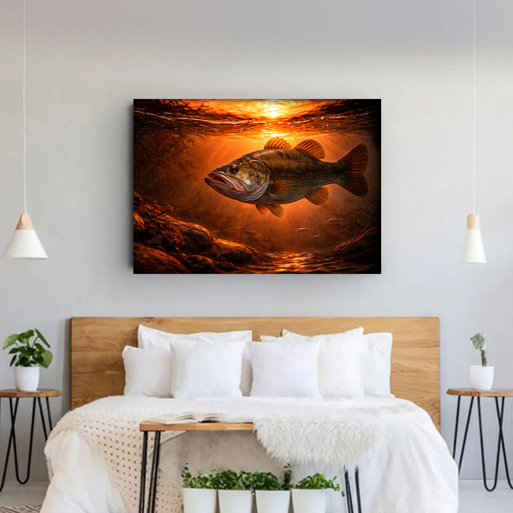 Bass Fish Canvas Art – Sunset Bass Fishing Wall Decor NHT487