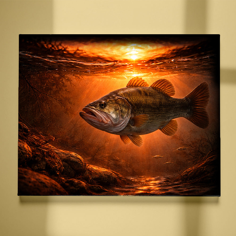 Bass Fish Canvas Art – Sunset Bass Fishing Wall Decor NHT487