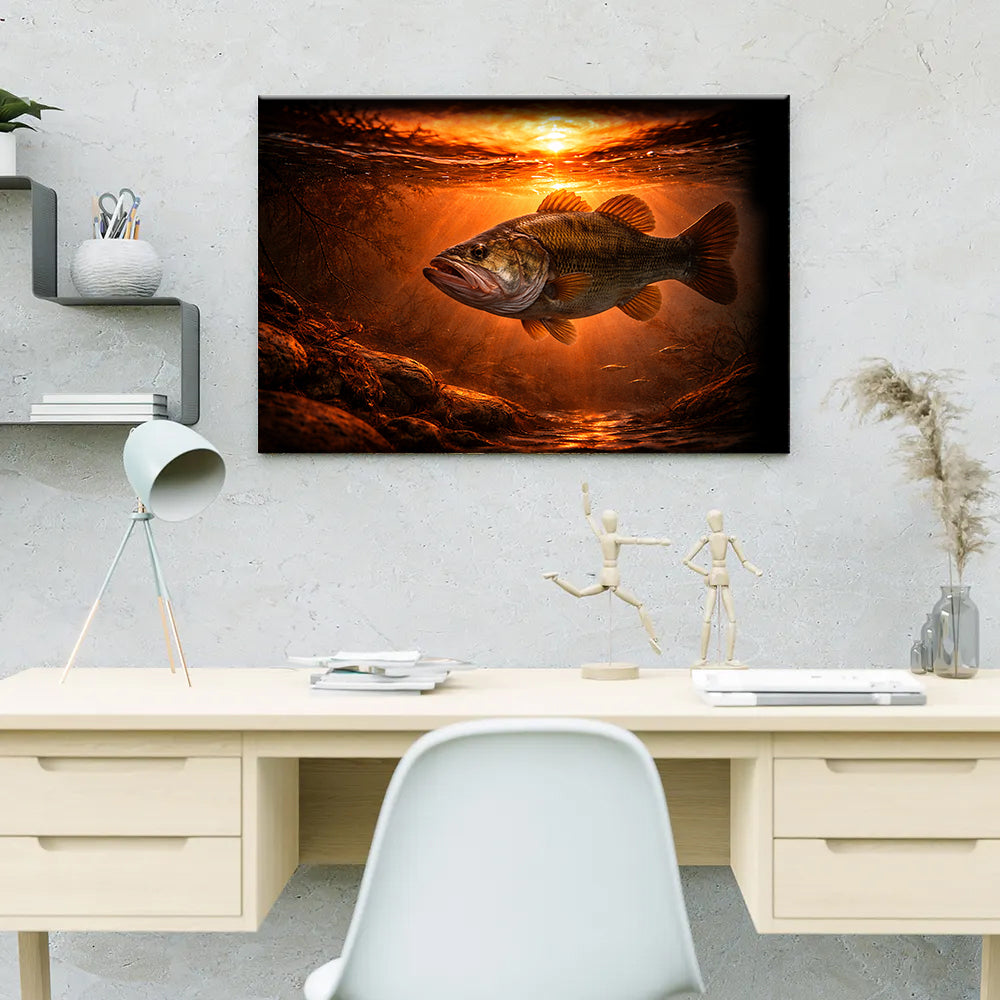 Bass Fish Canvas Art – Sunset Bass Fishing Wall Decor NHT487