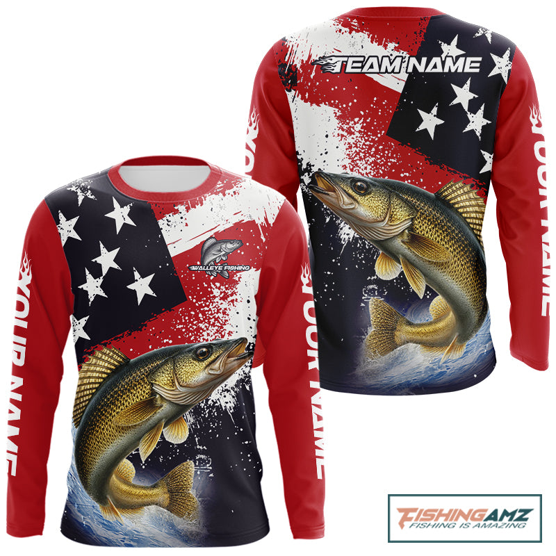 Personalized Walleye Fishing Jerseys, Custom American Flag Walleye Fishing Shirts Long Sleeve NHT488