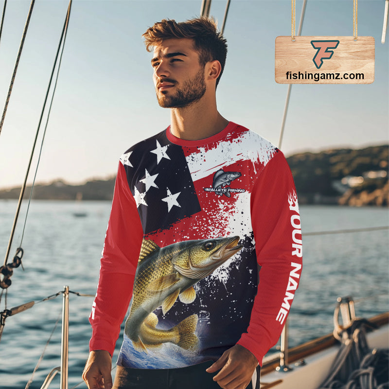 Personalized Walleye Fishing Jerseys, Custom American Flag Walleye Fishing Shirts Long Sleeve NHT488