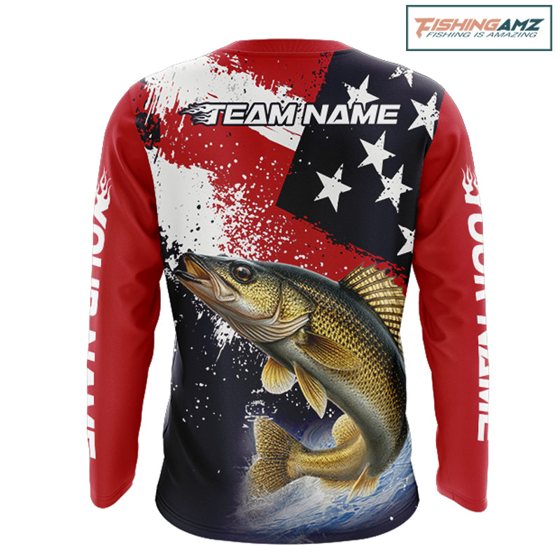 Personalized Walleye Fishing Jerseys, Custom American Flag Walleye Fishing Shirts Long Sleeve NHT488