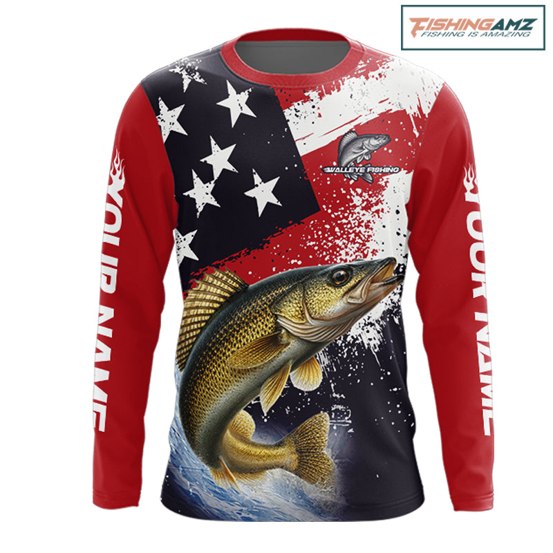 Personalized Walleye Fishing Jerseys, Custom American Flag Walleye Fishing Shirts Long Sleeve NHT488
