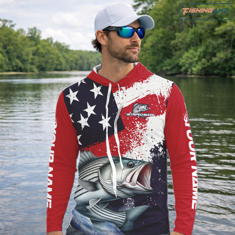 Personalized Striped Bass Fishing Jerseys, Custom American Flag Hooded Bass Fishing Shirts Long Sleeve NHT489