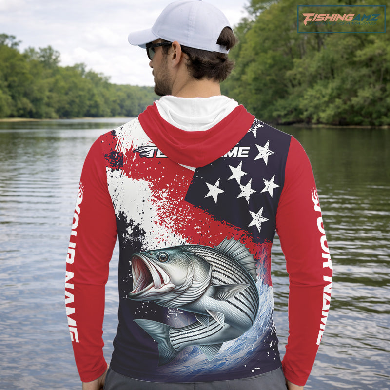 Personalized Striped Bass Fishing Jerseys, Custom American Flag Hooded Bass Fishing Shirts Long Sleeve NHT489