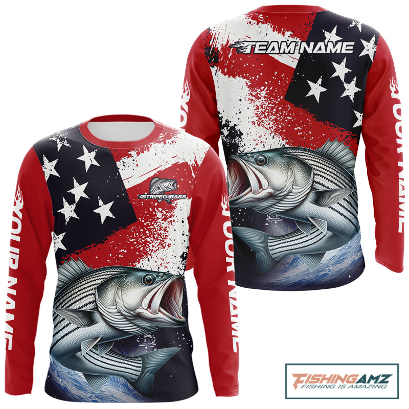 Personalized Striped Bass Fishing Jerseys, Custom American Flag Bass Fishing Shirts Long Sleeve NHT489