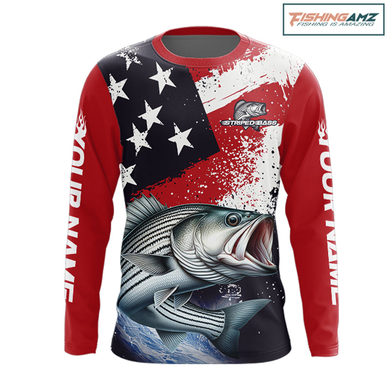 Personalized Striped Bass Fishing Jerseys, Custom American Flag Bass Fishing Shirts Long Sleeve NHT489
