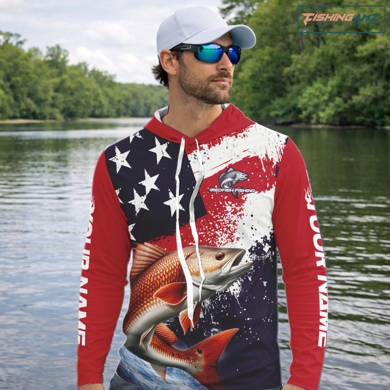 Personalized Redfish Fishing Jerseys, Custom American Flag Redfish Hooded Fishing Shirts Long Sleeve NHT490