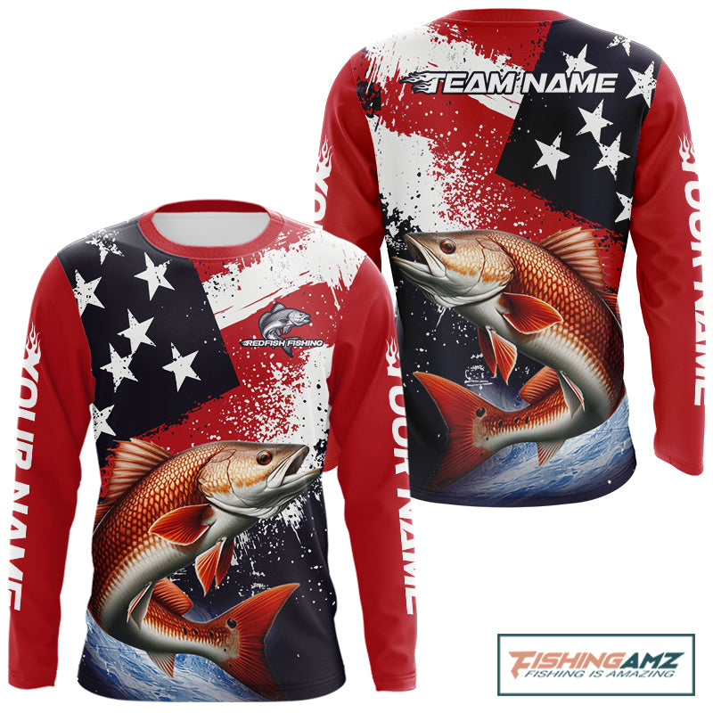 Personalized Redfish Fishing Jerseys, Custom American Flag Redfish Fishing Shirts Long Sleeve NHT490