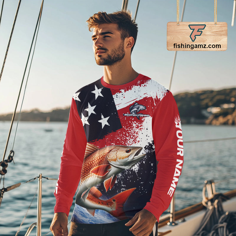 Personalized Redfish Fishing Jerseys, Custom American Flag Redfish Fishing Shirts Long Sleeve NHT490