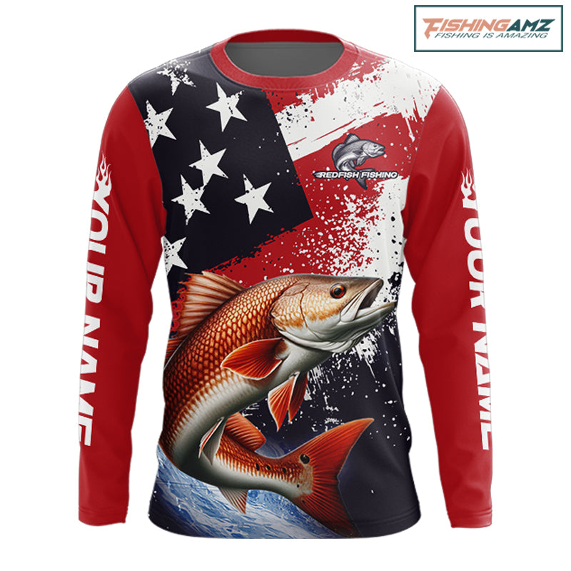 Personalized Redfish Fishing Jerseys, Custom American Flag Redfish Fishing Shirts Long Sleeve NHT490