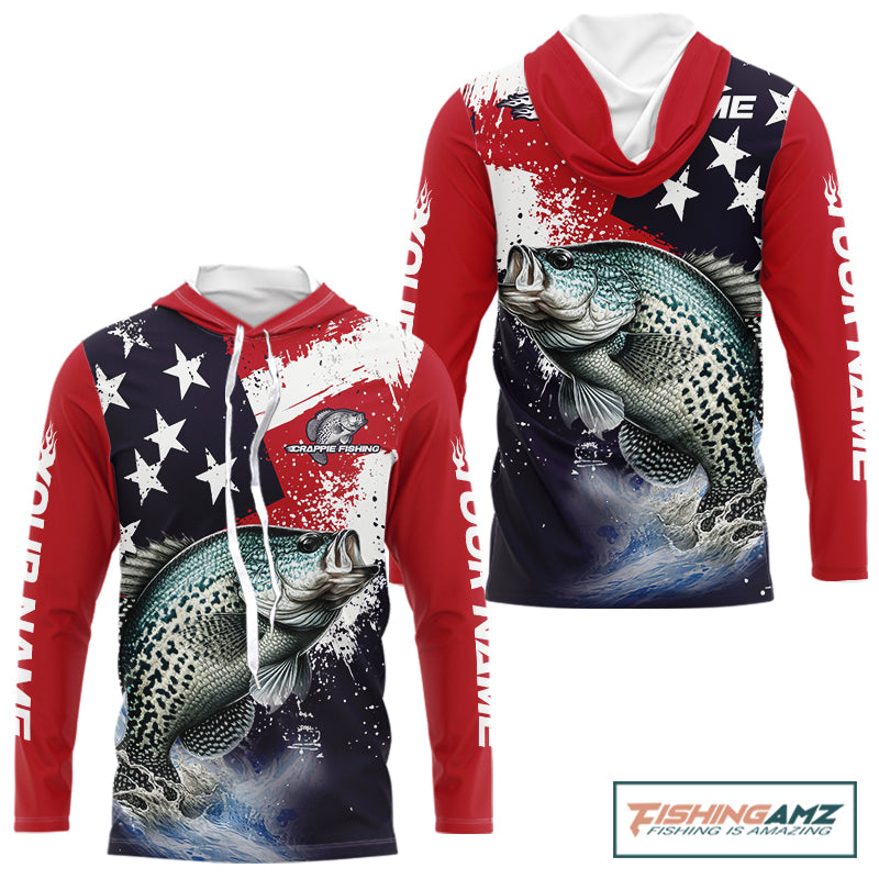 Personalized crappie fishing jersey, custom American flag crappie hooded fishing shirt long sleeve