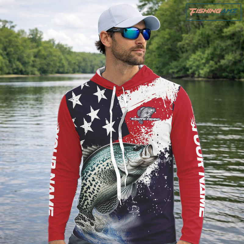 Personalized crappie fishing jersey, custom American flag crappie hooded fishing shirt long sleeve