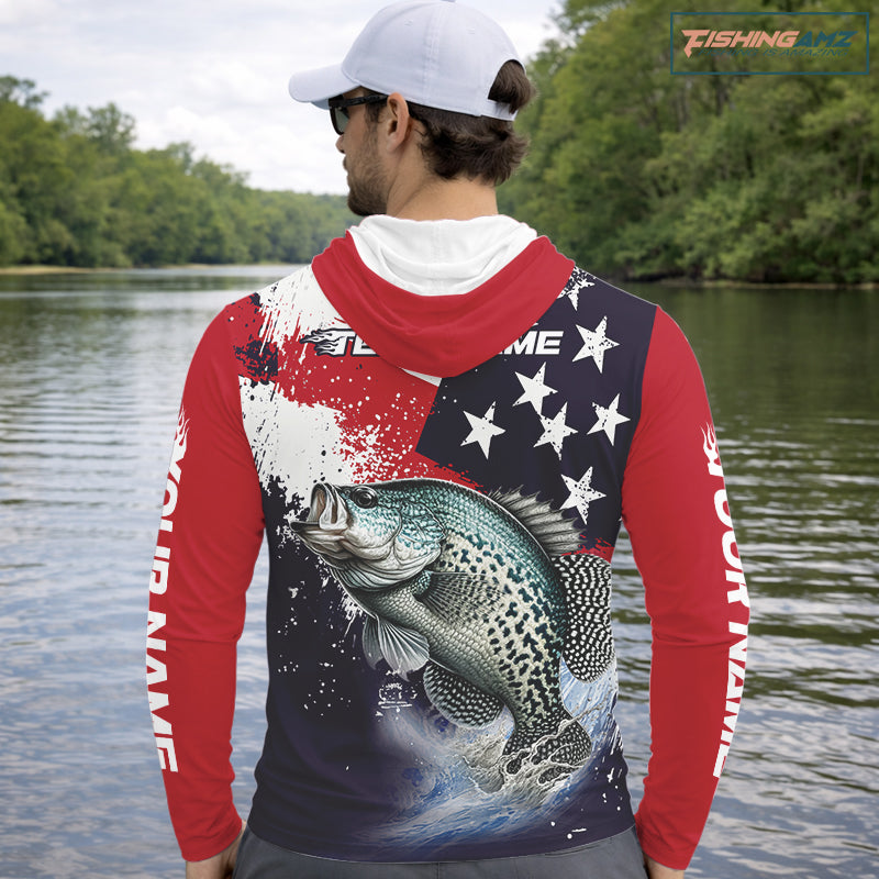 Personalized Crappie Fishing Jerseys, Custom American Flag Crappie Hooded Fishing Shirts Long Sleeve NHT491