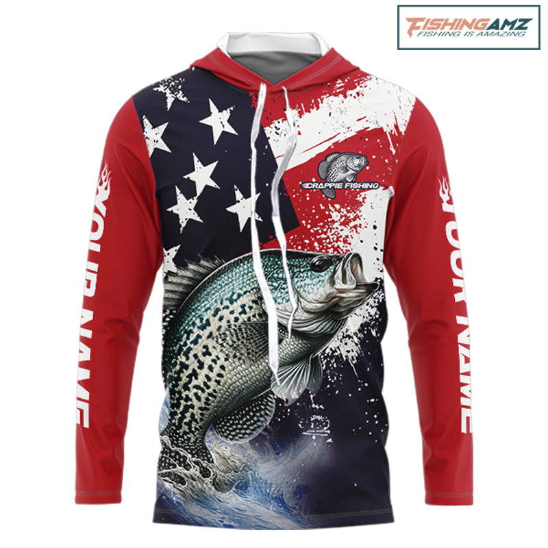 Personalized Crappie Fishing Jerseys, Custom American Flag Crappie Hooded Fishing Shirts Long Sleeve NHT491