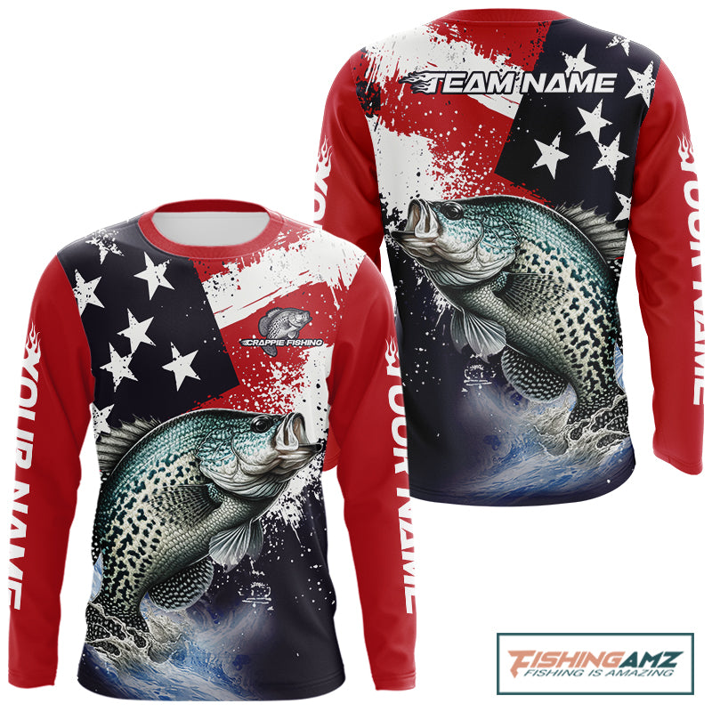 Personalized crappie fishing jersey, custom American flag crappie fishing shirt long sleeve