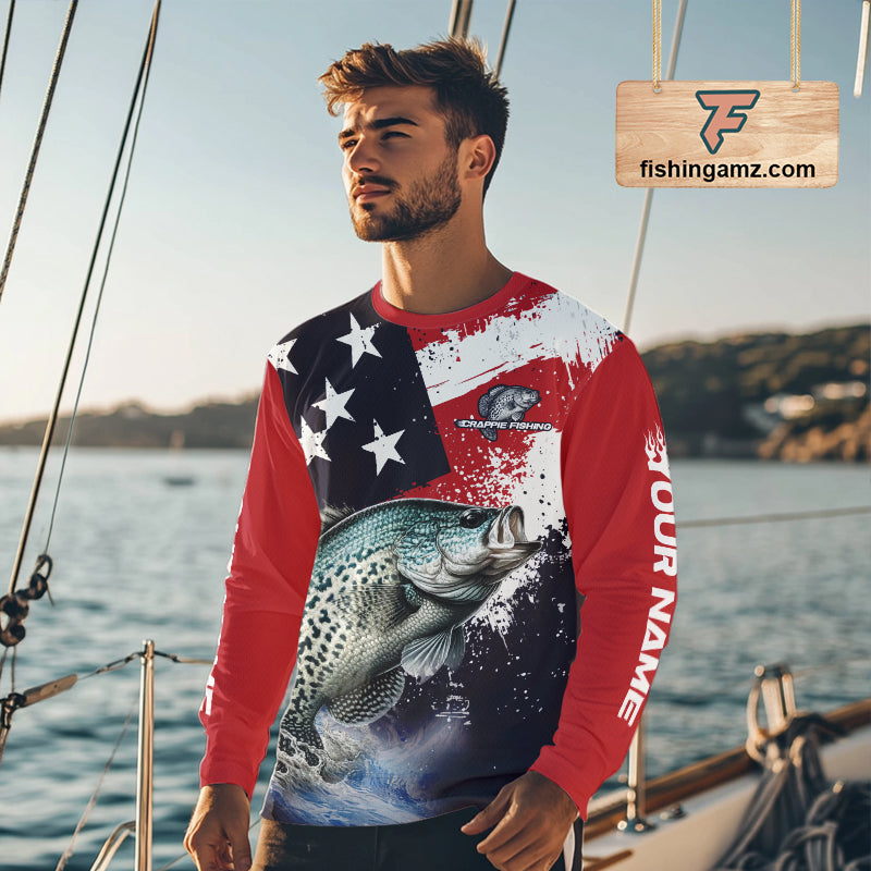 Personalized crappie fishing jersey, custom American flag crappie fishing shirt long sleeve