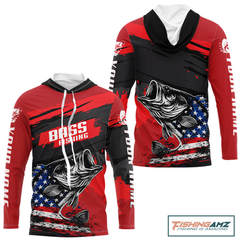 Bass American Flag Fishing Shirt Long Sleeve Hooded, Red Fishing Jersey For Fisherman NHT496