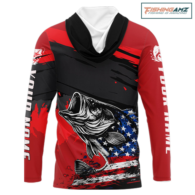 Bass American Flag Fishing Shirt Long Sleeve Hooded, Red Fishing Jersey For Fisherman NHT496