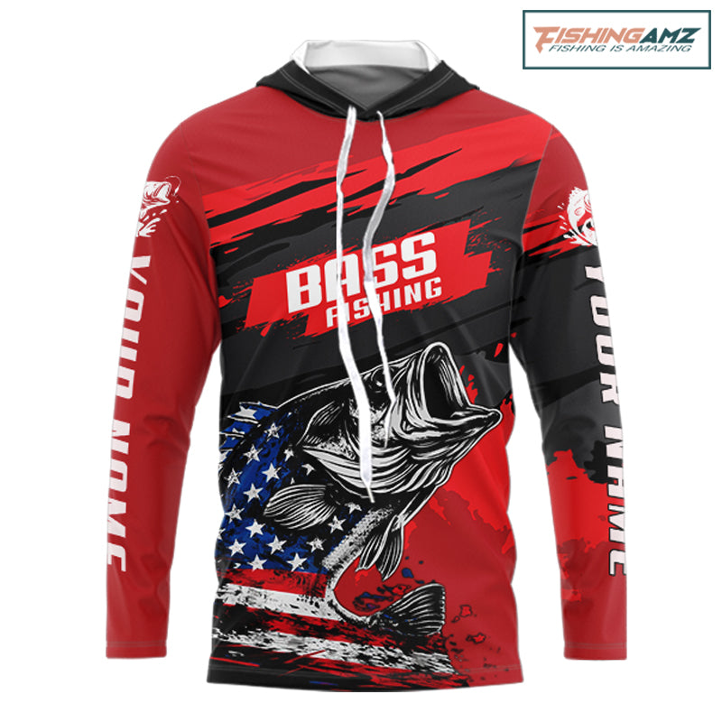 Bass American Flag Fishing Shirt Long Sleeve Hooded, Red Fishing Jersey For Fisherman NHT496