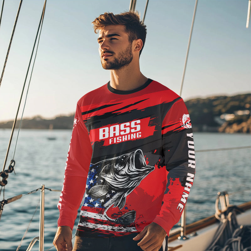 Bass American Flag  Fishing Shirt Long Sleeve, Red Fishing Jersey For Fisherman NHT496