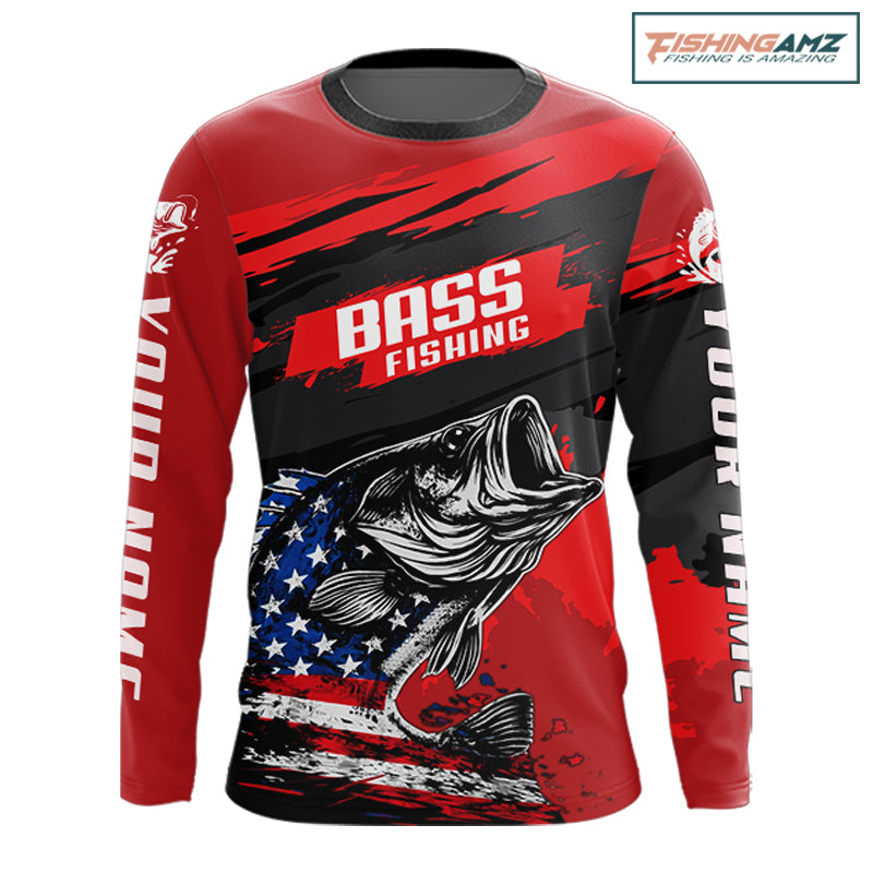 Bass American Flag  Fishing Shirt Long Sleeve, Red Fishing Jersey For Fisherman NHT496