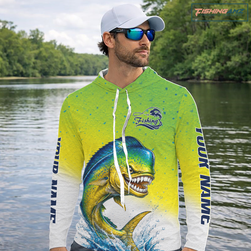 Personalized Offshore Fishing Jerseys, Mahi Mahi Angry Tournament Fishing Shirts Hooded For Men NHT1311