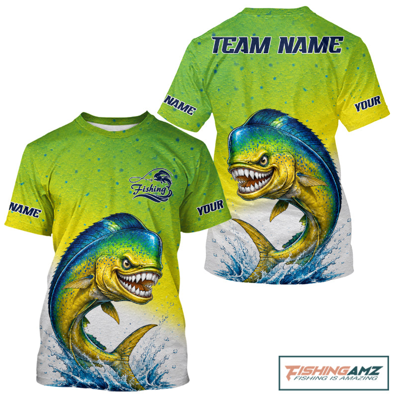 Customizable short-sleeve crewneck t-shirt shown from both front and back views. The shirt features a vibrant lime green and yellow gradient with a large, detailed graphic of a jumping mahi-mahi fish on the front and back.