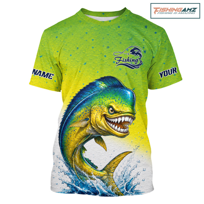 A customizable short-sleeve t-shirt with a vibrant lime green and yellow gradient, featuring a large graphic of a jumping mahi-mahi fish on the front. The shirt includes placeholder text 'NAME' and 'YOUR' on the sleeves, a 'Fishing' graphic on the chest, and a 'fishingAmz' logo in the top right corner.