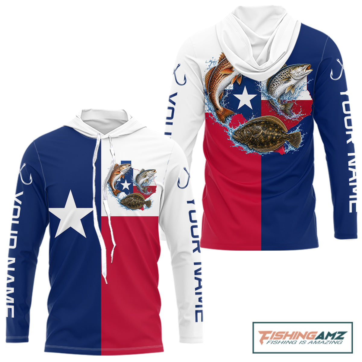 Texas Slam Long Sleeve Hooded Jersey With Redfish, Trout & Flounder Texas Saltwater Fishing Shirt For Men 