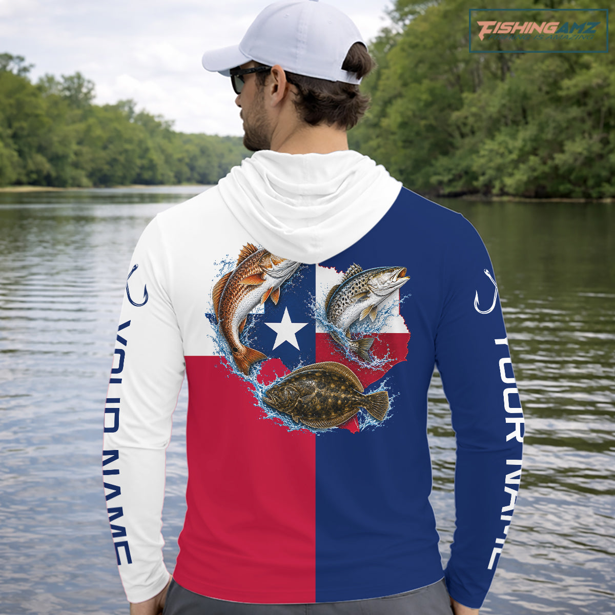 Texas Slam Long Sleeve Hooded Jersey With Redfish, Trout & Flounder Texas Saltwater Fishing Shirt For Men 
