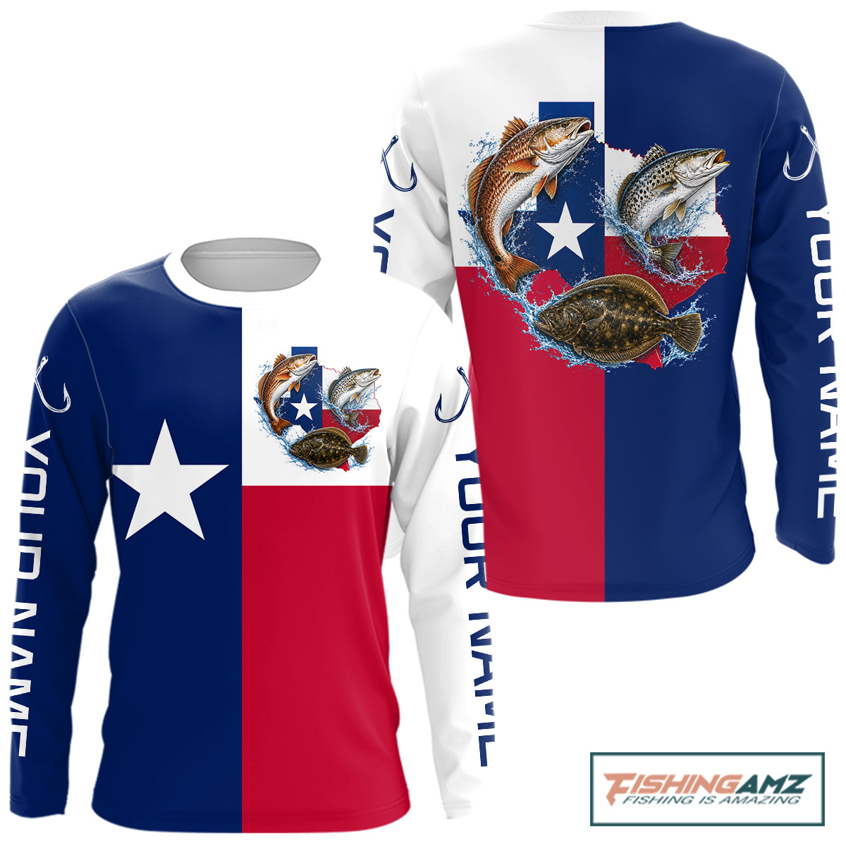 Custom Name Texas Slam Long Sleeve Jersey With Redfish, Trout & Flounder Texas Saltwater Fishing Shirt For Men 