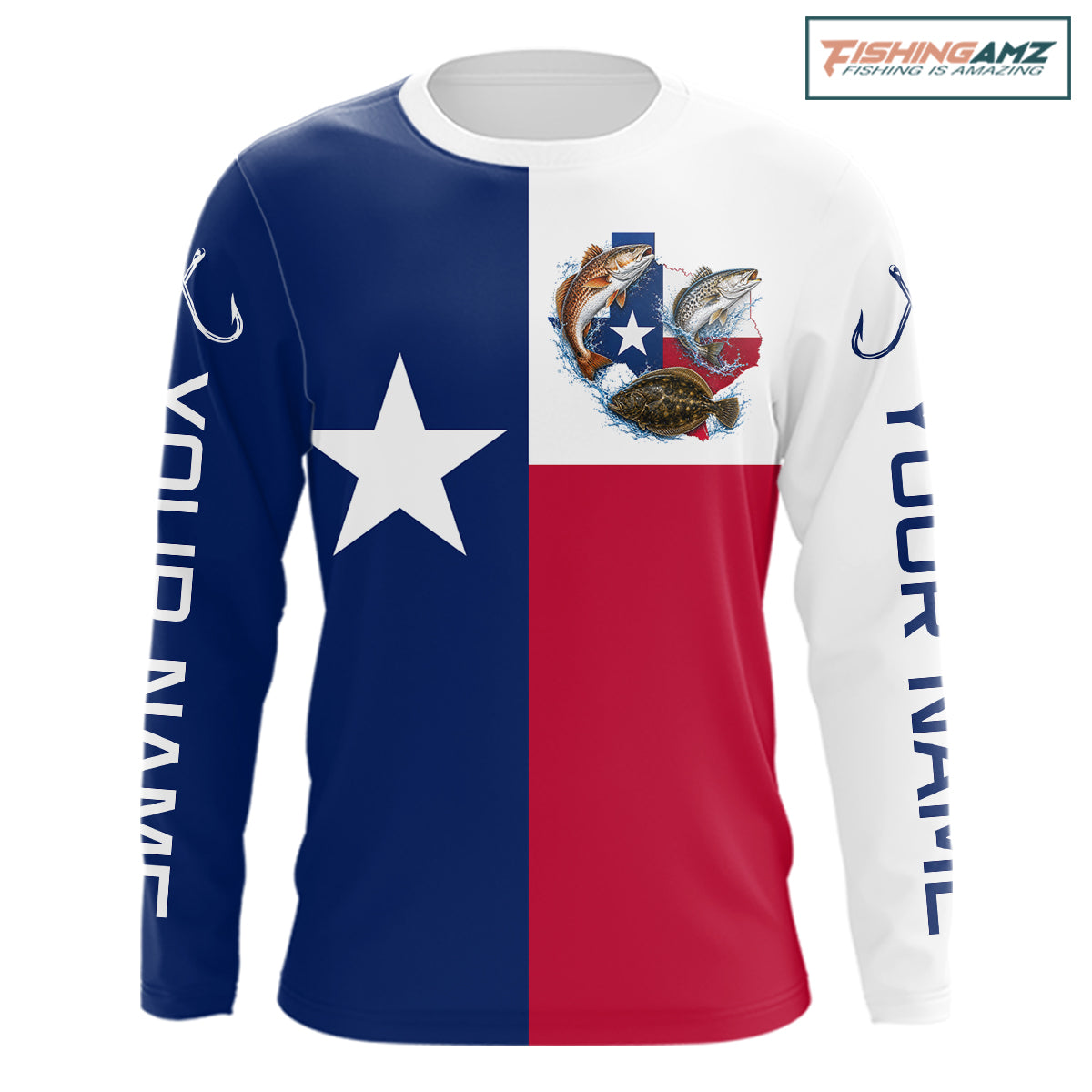 Texas Slam Long Sleeve Jersey With Redfish, Trout & Flounder Texas Saltwater Fishing Shirt For Men 