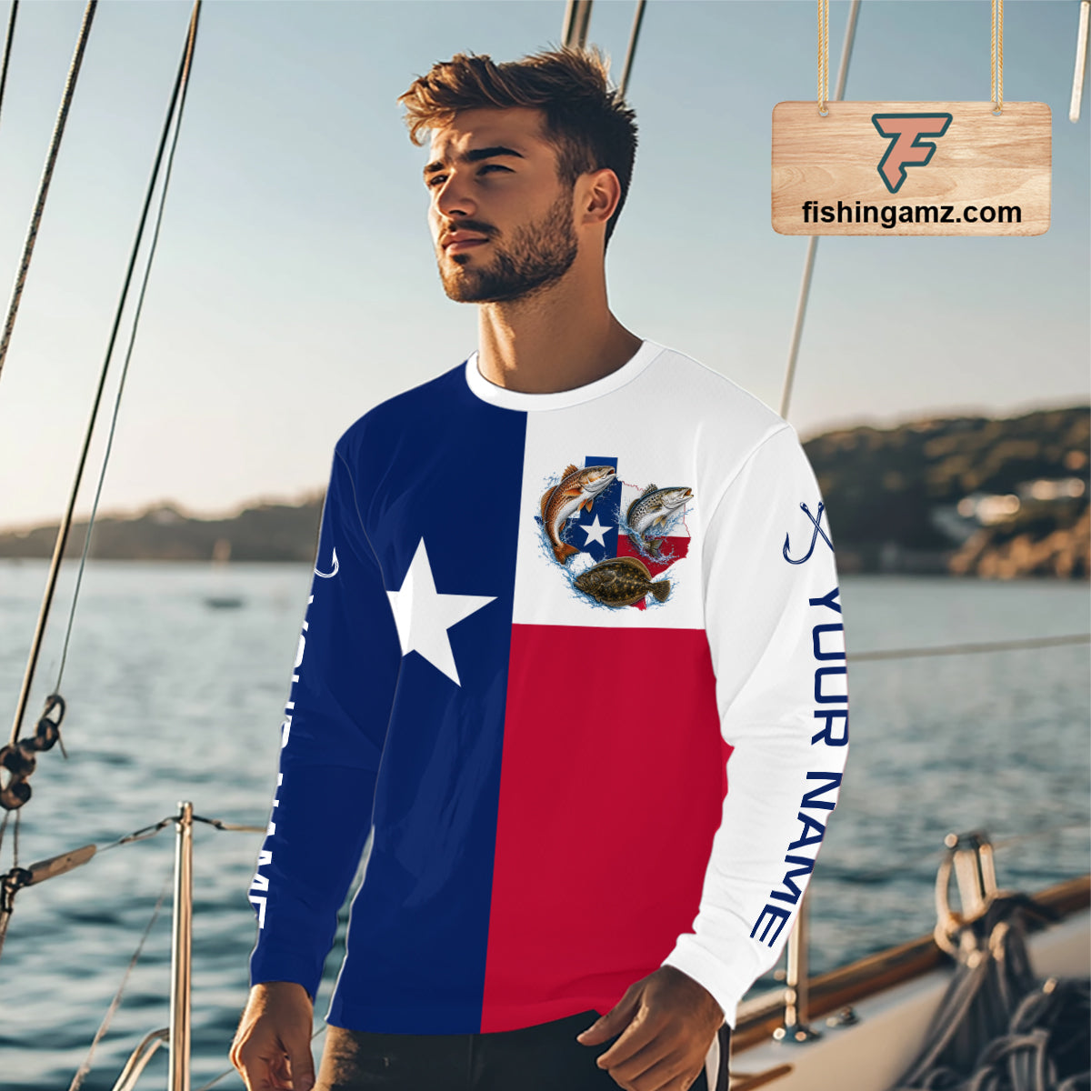 Man wearing Texas Slam Long Sleeve Jersey With Redfish, Trout & Flounder Texas Saltwater Fishing Shirt For Men 
