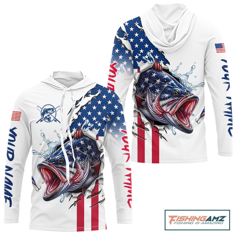 Bass Fishing Shirts Long Sleeve Hooded  With American Flag – USA Patriotic Angler Performance Shirt