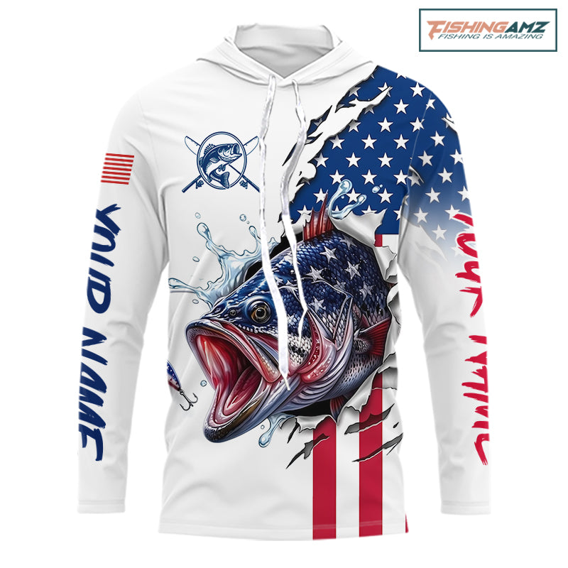 Bass Fishing Shirts Long Sleeve Hooded  With American Flag – USA Patriotic Angler Performance Shirt