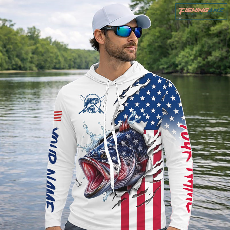 Bass Fishing Shirts Long Sleeve Hooded  With American Flag – USA Patriotic Angler Performance Shirt