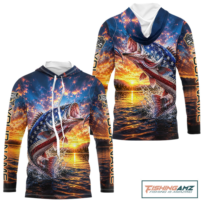 American Flag Bass Fishing Jersey – Patriotic Sunset Lake Angler Long Sleeve Hooded  For Men 