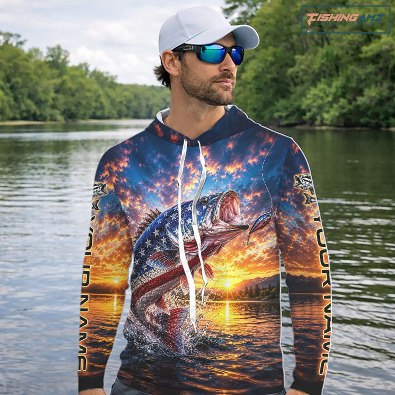 American Flag Bass Fishing Jersey – Patriotic Sunset Lake Angler Long Sleeve Hooded  For Men 