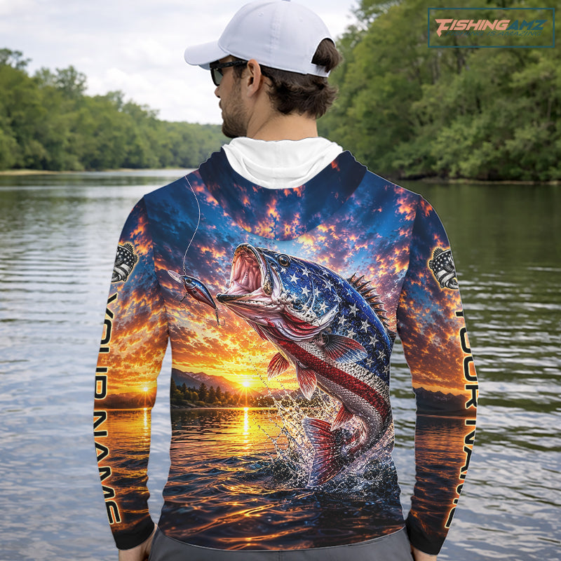 American Flag Bass Fishing Jersey – Patriotic Sunset Lake Angler Long Sleeve Hooded  For Men 